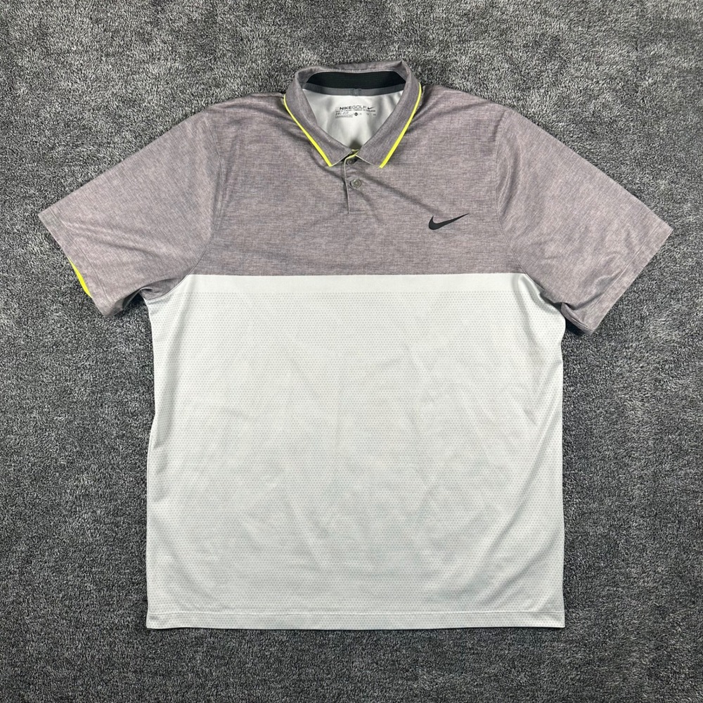 Nike Golf Polo Shirt Mens XL Grey Colorblock Neon Trim Dri-FIT Short Sleeve